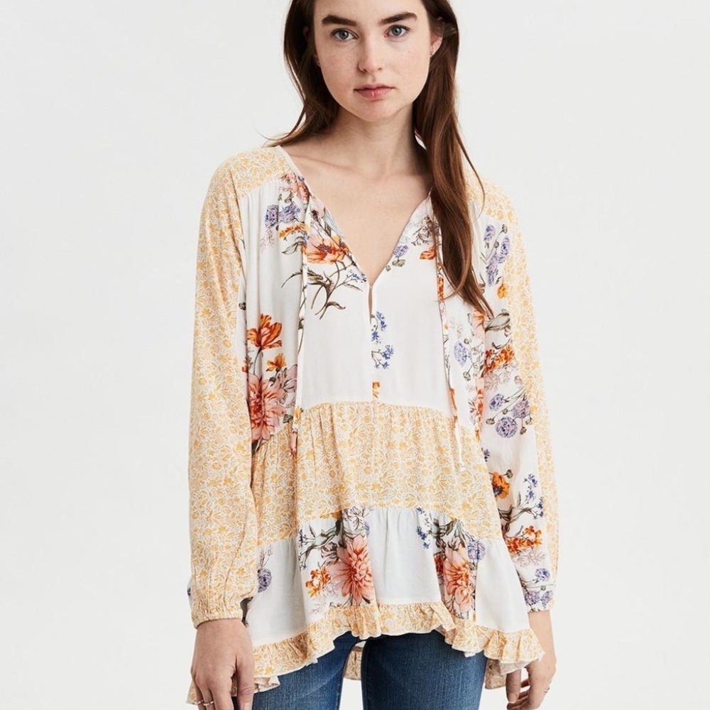 American Eagle Outfitters Yellow Floral Boho Long Sleeve Ruffled Blouse